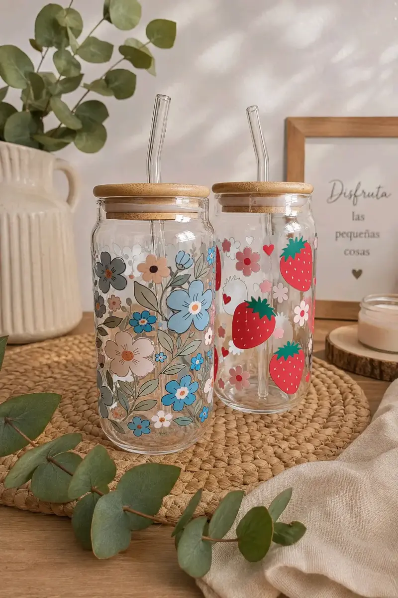 Vasos de vidrio tapa de bambú y bombilla 350 ml - 4