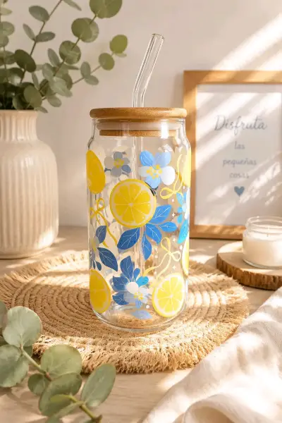 Vasos de vidrio tapa de bambú y bombilla 350 ml - miniatura 5
