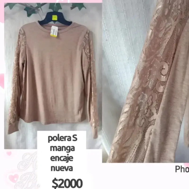 Polera beige con encaje en mangas talla S