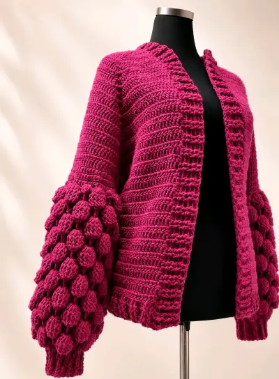 Cardigan tejido a crochet color burdeos - miniatura 2