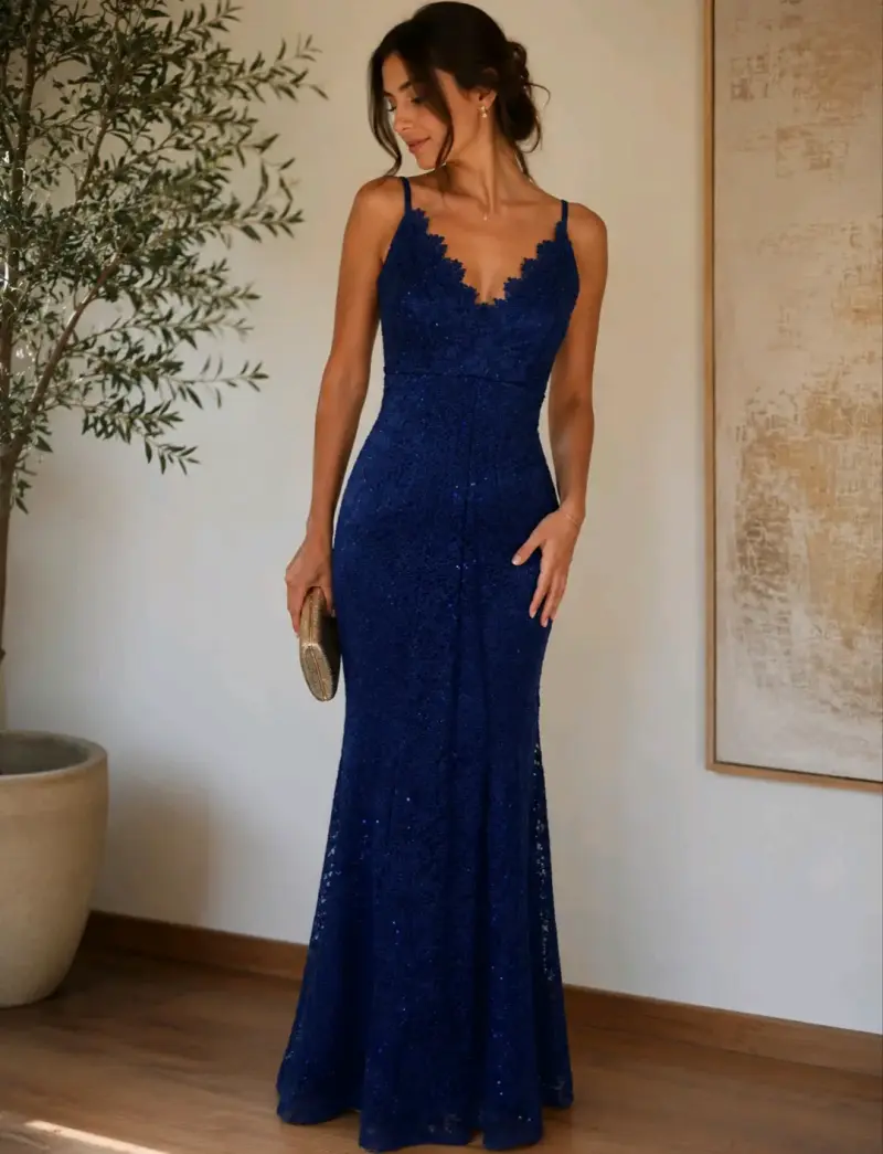 Vestido de noche azul con encaje y lentejuelas - 1