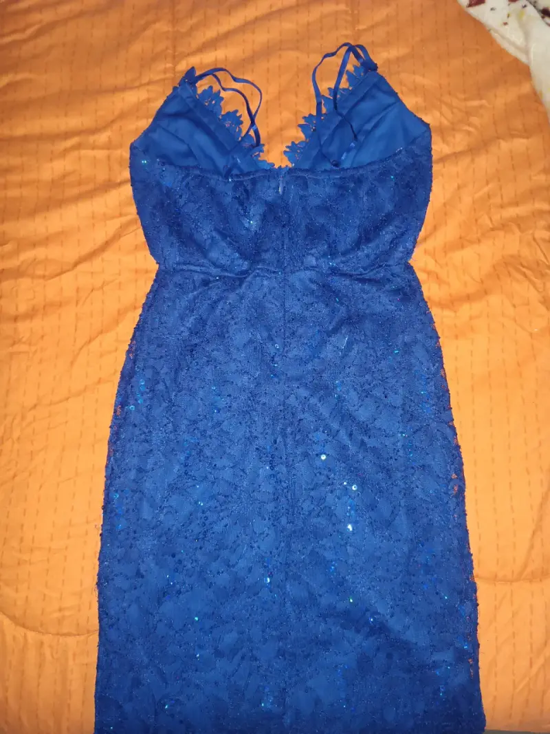 Vestido de noche azul con encaje y lentejuelas - 4