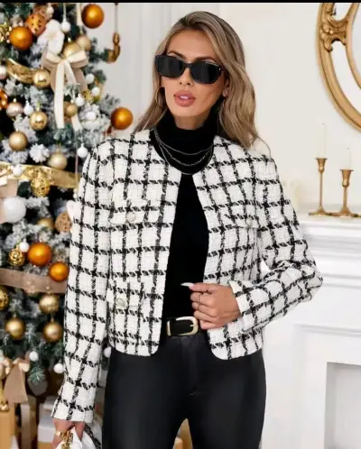 Chaqueta de tweed a cuadros blanco y negro - miniatura 1