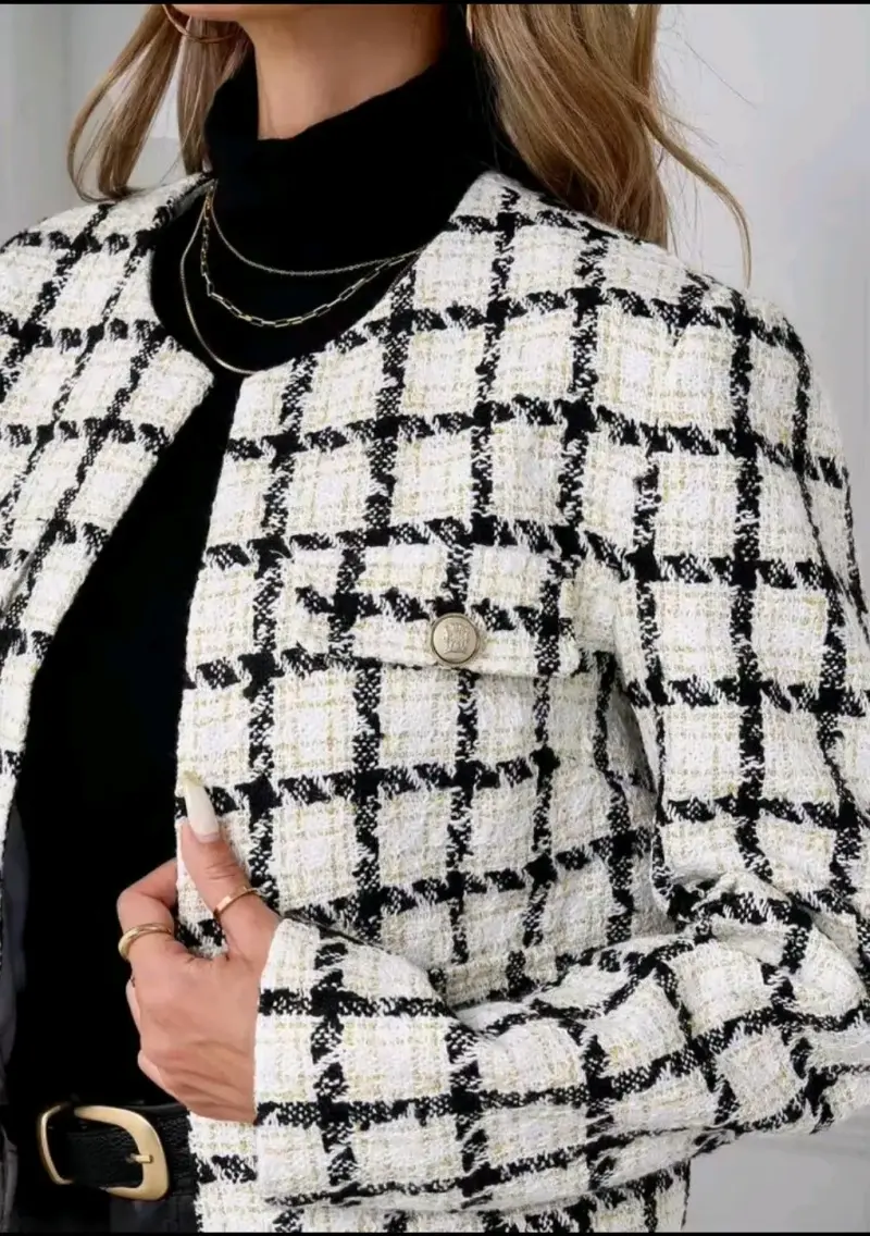 Chaqueta de tweed a cuadros blanco y negro - 3