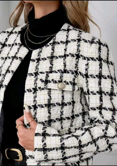Chaqueta de tweed a cuadros blanco y negro - miniatura 3