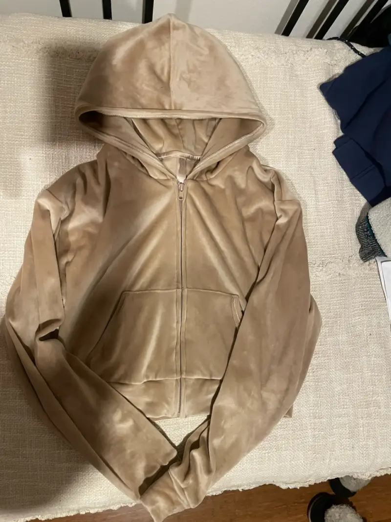 Polerón con capucha beige de terciopelo talla L - 1
