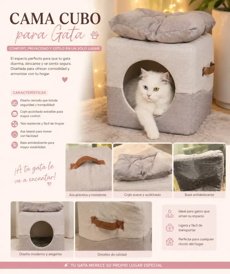 Cama Cubo para Gata con Cojín Extraíble - 1