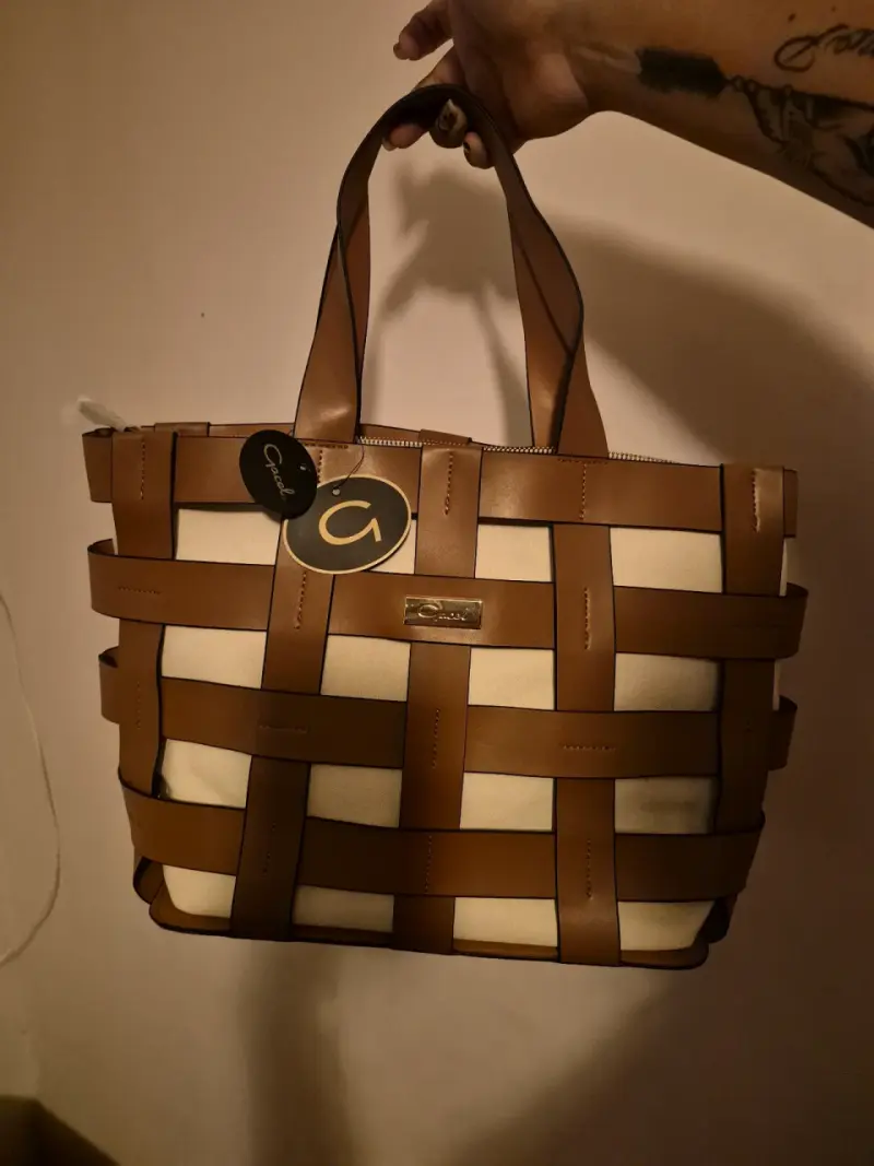 Bolso tote tejido marrón y beige Grace
