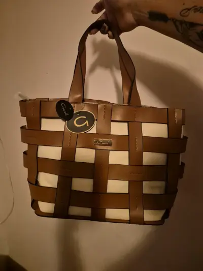 Bolso tote tejido marrón y beige Grace - miniatura 1