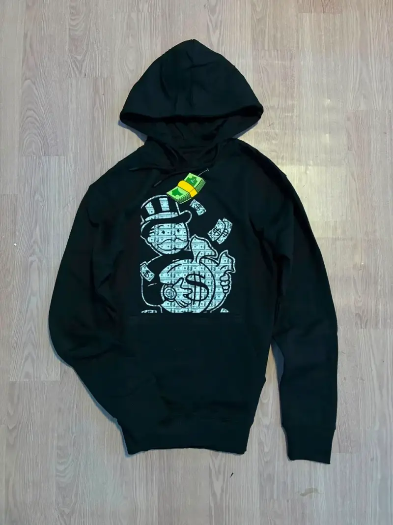 Polerón negro con diseño gráfico de dinero