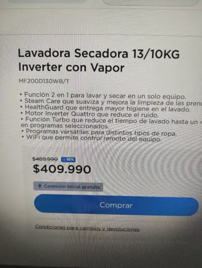 Lavadora Secadora Midea 13/10KG Inverter con Vapor - miniatura 4