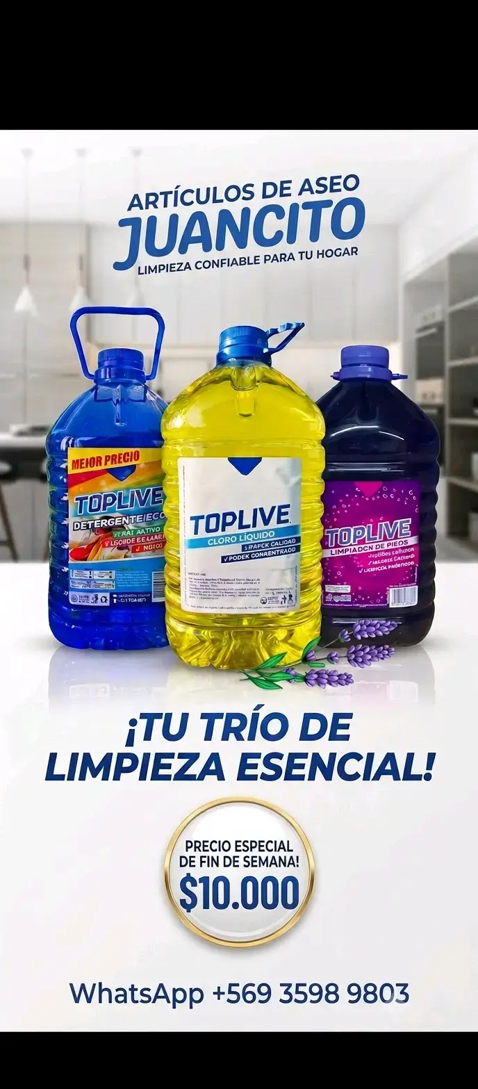 Pack de limpieza Toplive: detergente, cloro y limpiador