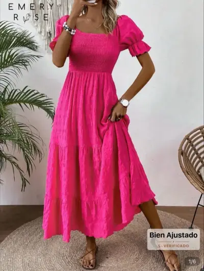Nuevo: Vestido largo rosa con mangas abullonadas - miniatura 1