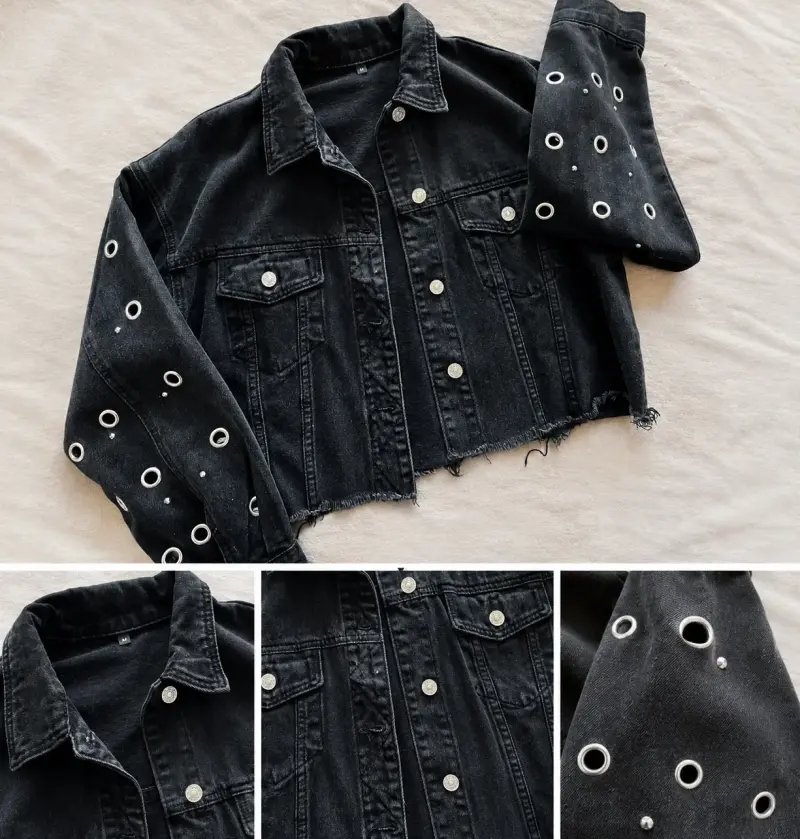 Chaqueta de mezclilla negra con ojales metálicos