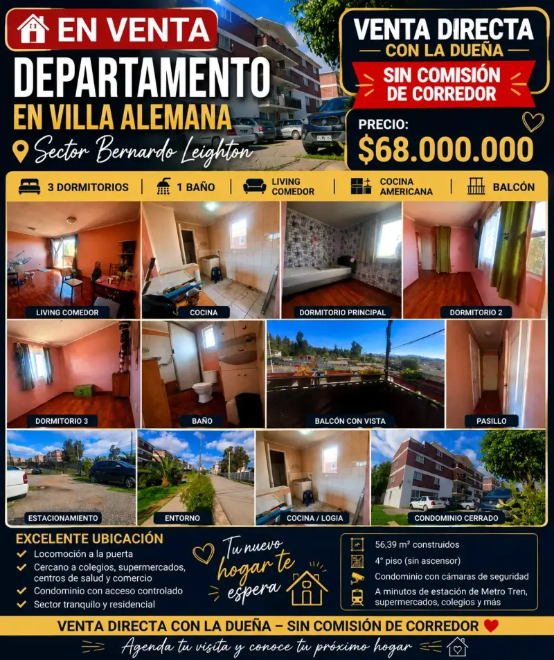 Departamento en venta en Villa Alemana, 3 dormitorios