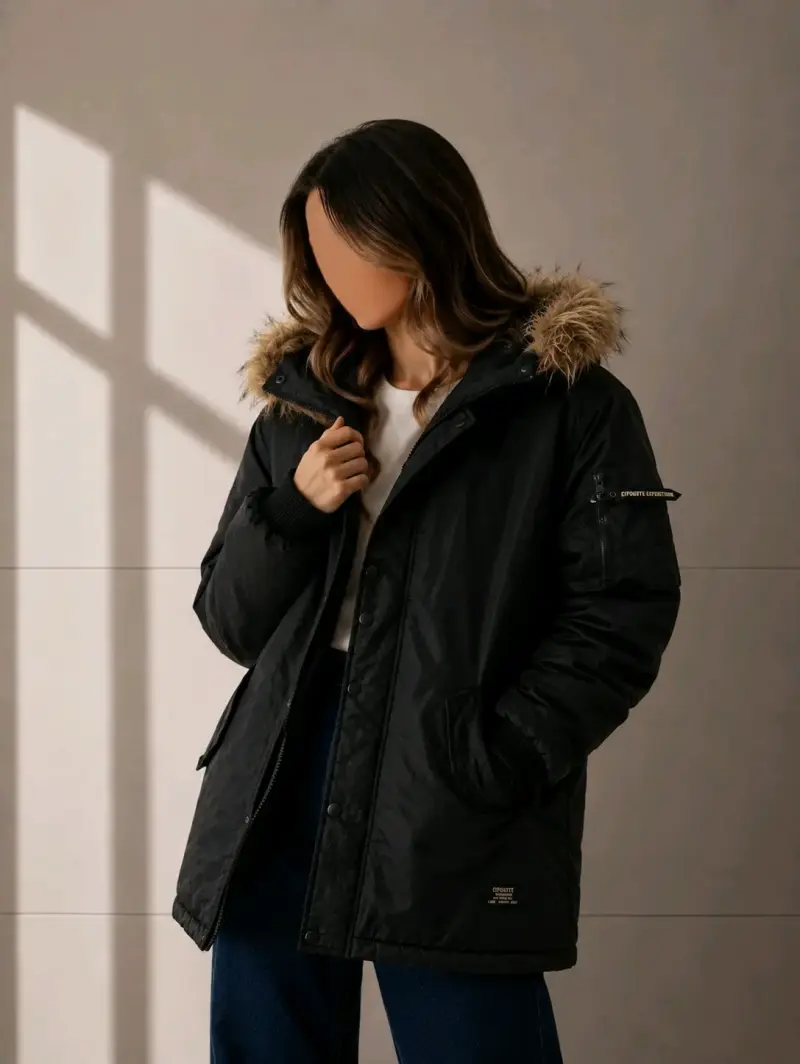 Parka negra con capucha de piel sintética Opposite - 6