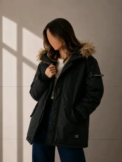 Parka negra con capucha de piel sintética Opposite - miniatura 6