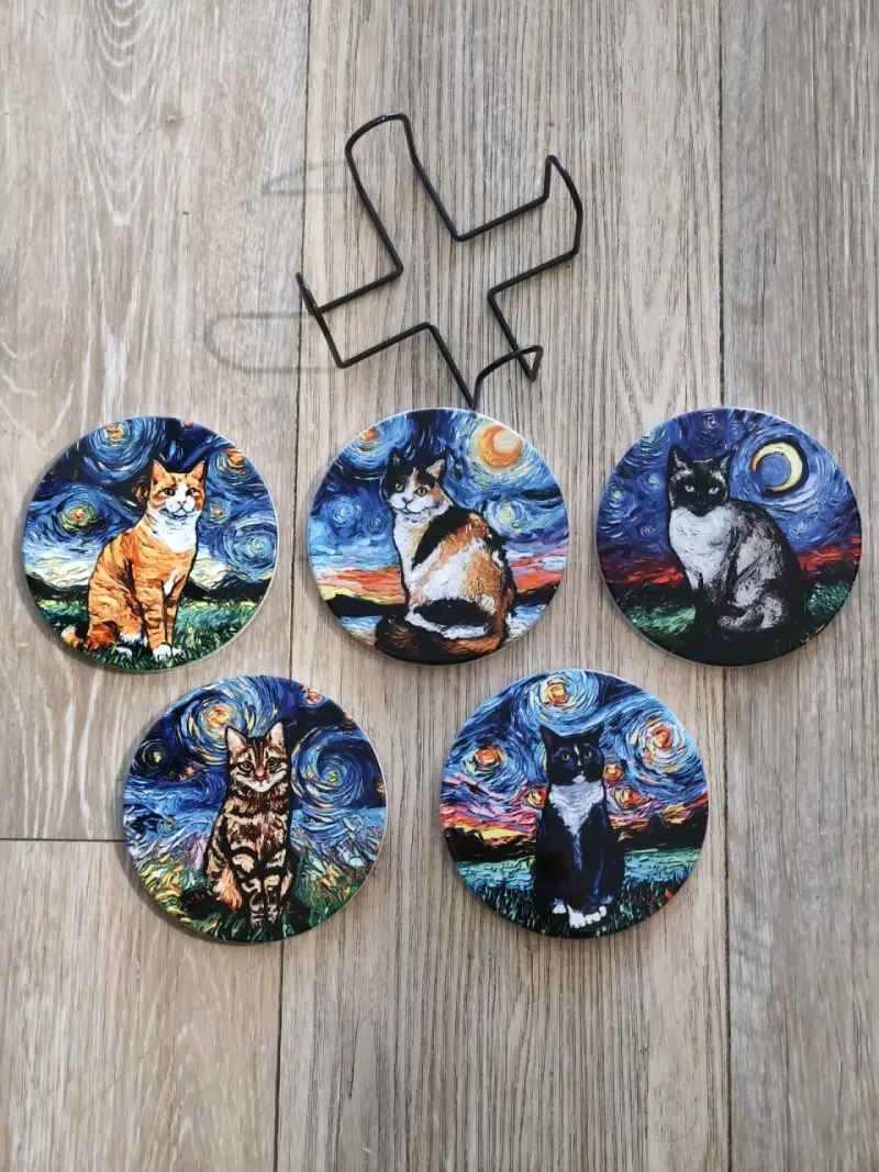 Set 5 Posavasos de Gatos Estilo Van Gogh - 1