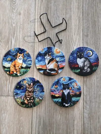 Set 5 Posavasos de Gatos Estilo Van Gogh - miniatura 1