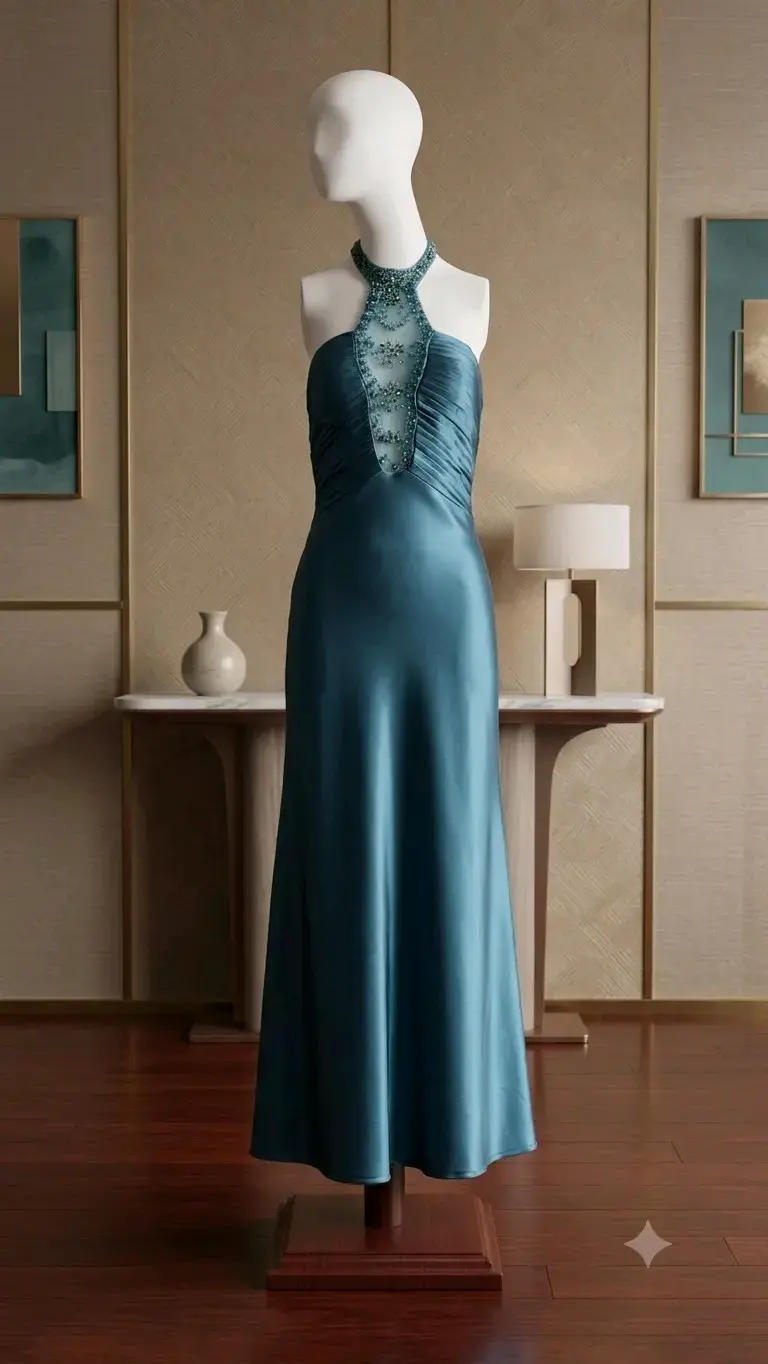 Vestido de noche azul con detalles de encaje