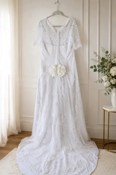 Vestido de novia blanco con encaje y flores.TallaL - miniatura 1