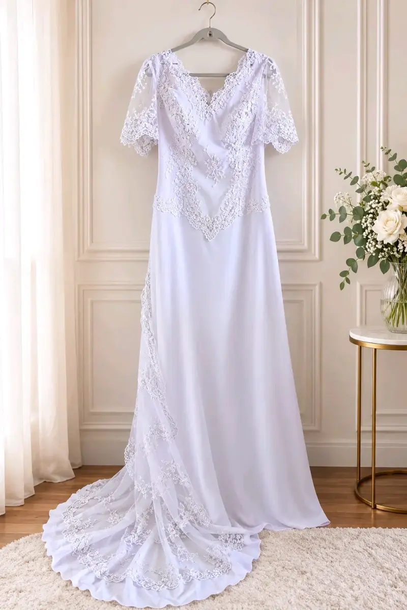 Vestido de novia blanco con encaje y flores.TallaL - 2