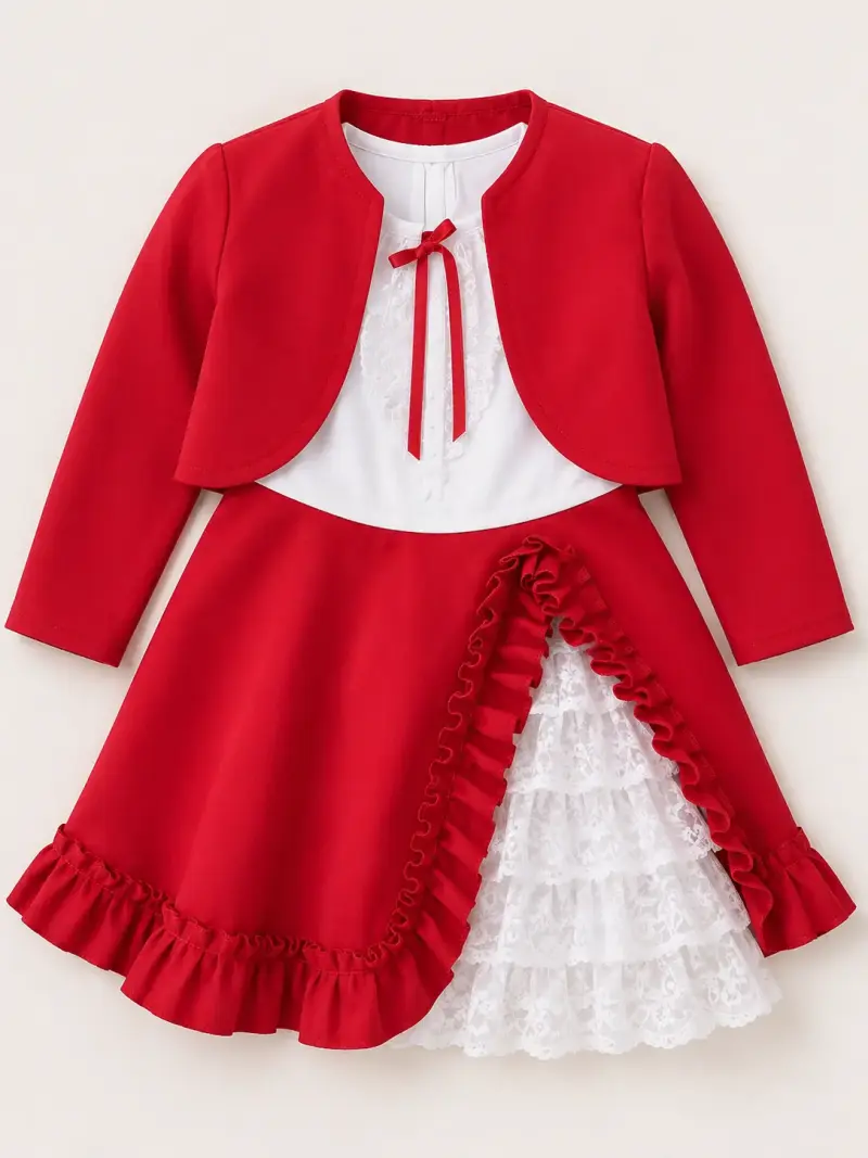 Vestido infantil rojo con encaje y bolero - 1