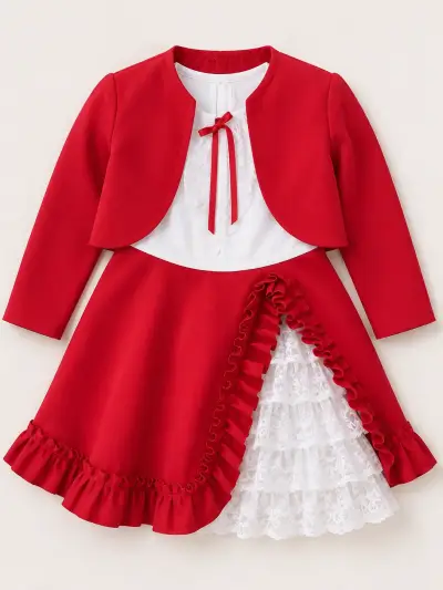 Vestido infantil rojo con encaje y bolero - miniatura 1