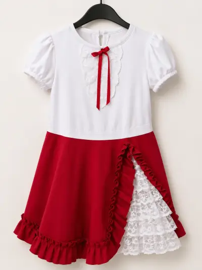 Vestido infantil rojo con encaje y bolero - miniatura 2