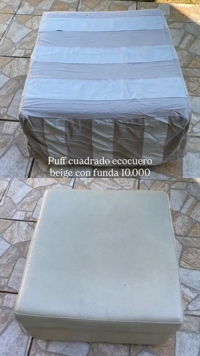 Puff cuadrado ecocuero beige con funda - 1