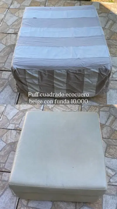 Puff cuadrado ecocuero beige con funda - miniatura 1