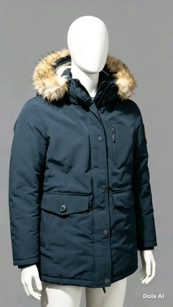 Parka azul con capucha de piel sintética