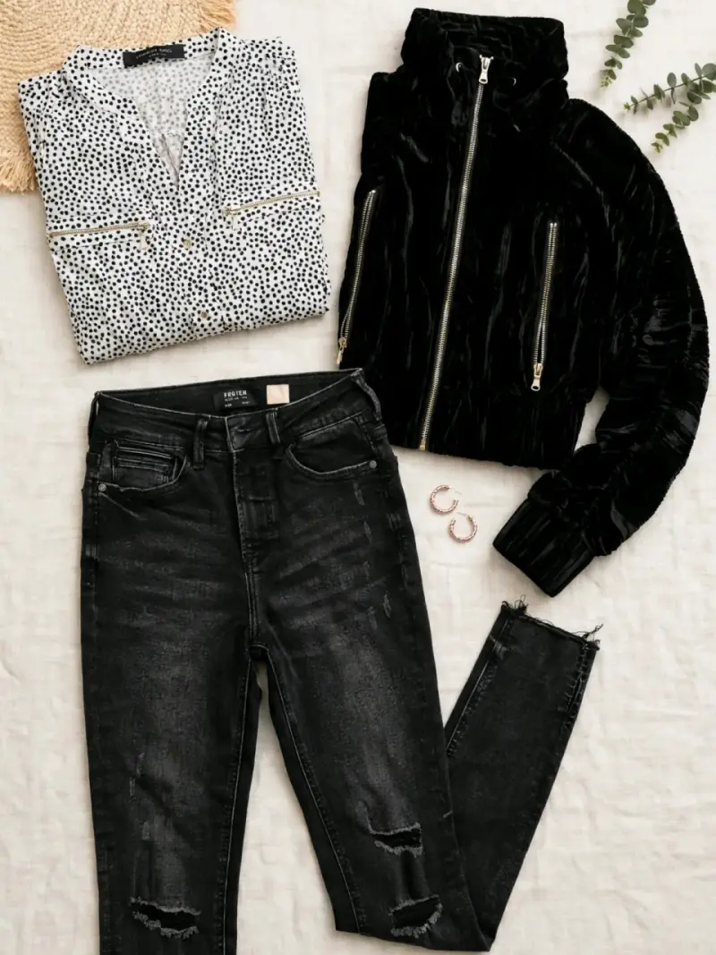 Conjunto de ropa casual para mujer con chaqueta negra y jeans