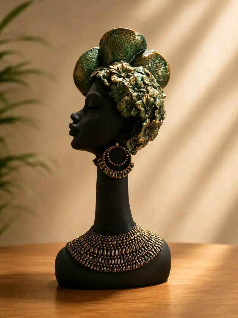 Escultura Decorativa de Mujer Africana en Negro y Dorado - 3