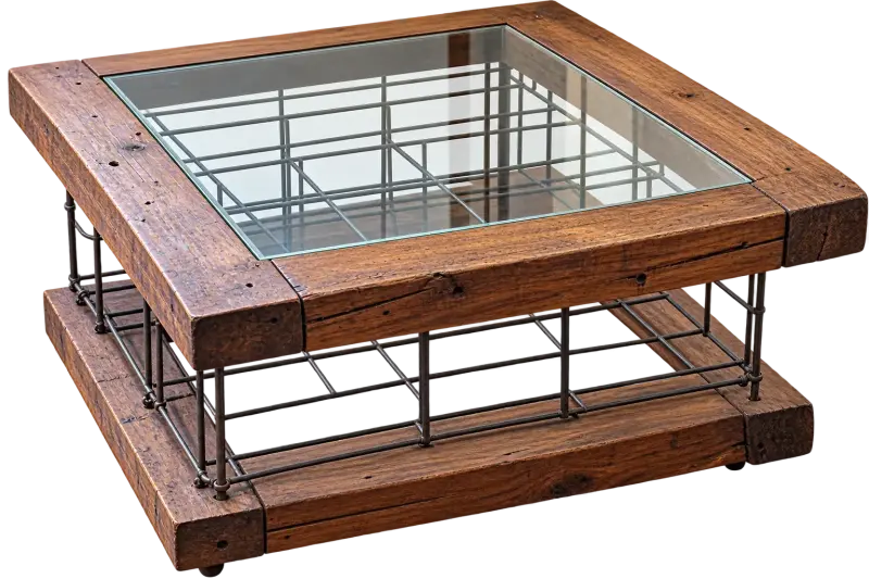 Mesa de centro rústica de madera y vidrio
