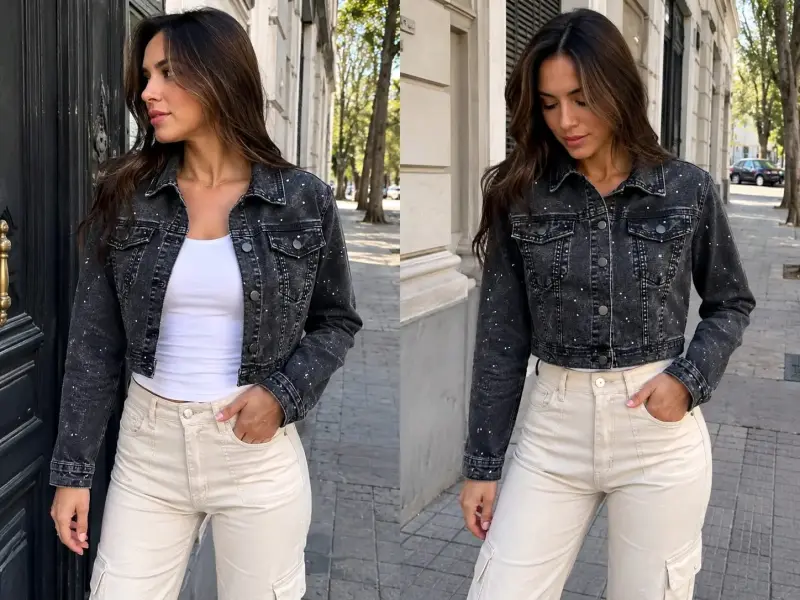 Chaqueta de mezclilla corta para mujer en azul y negro - 2