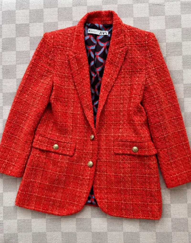 Blazer rojo de lana estilo tweed para mujer
