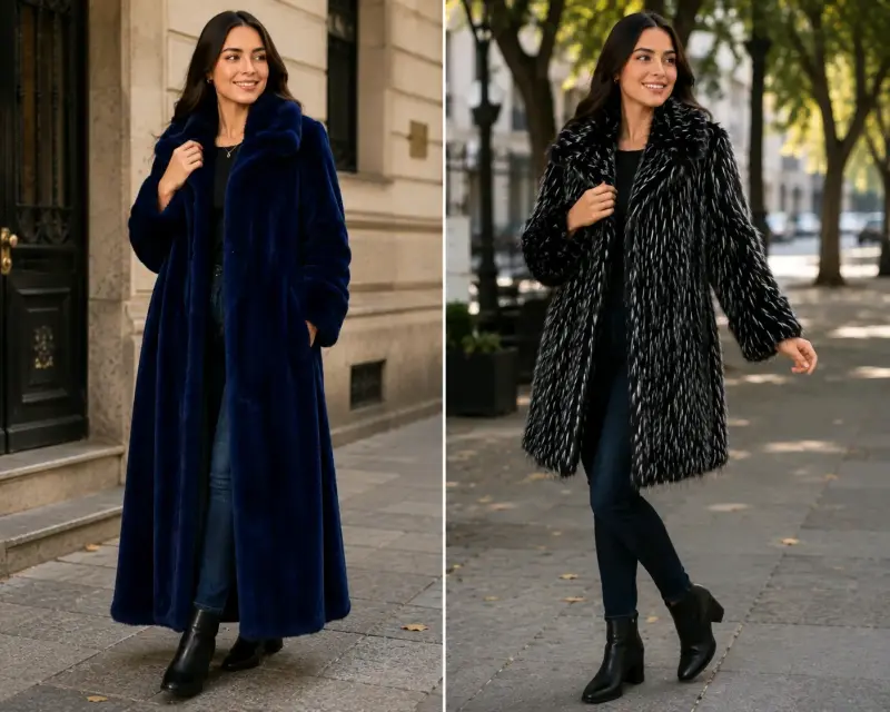 Abrigo de piel sintética azul y negro elegante - 3