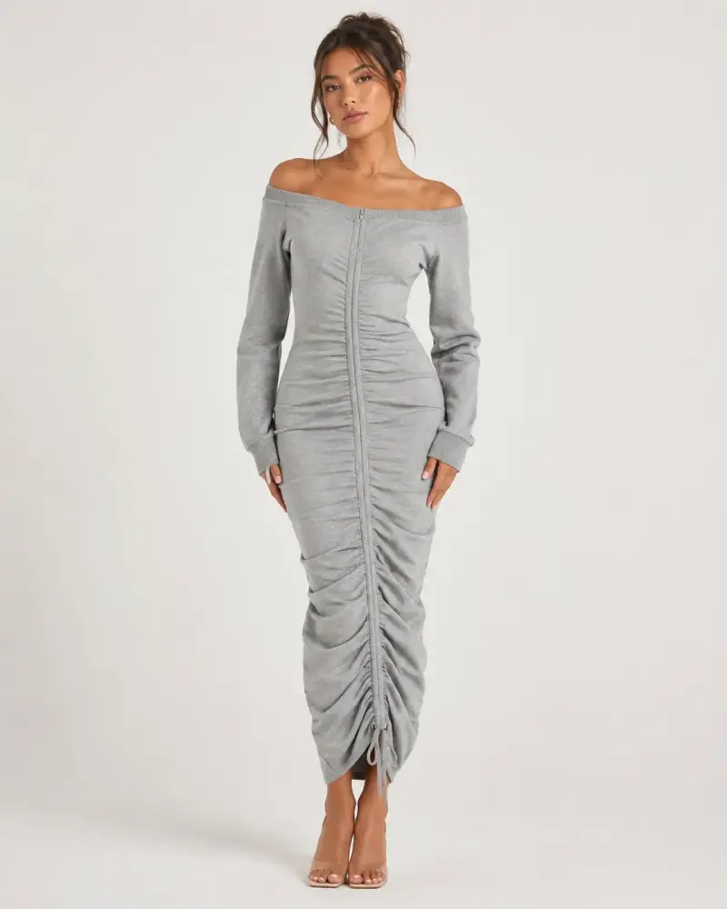 Vestido largo gris con hombros descubiertos - 1
