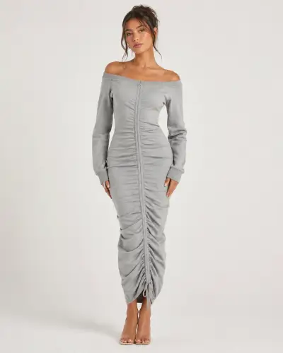 Vestido largo gris con hombros descubiertos - miniatura 1