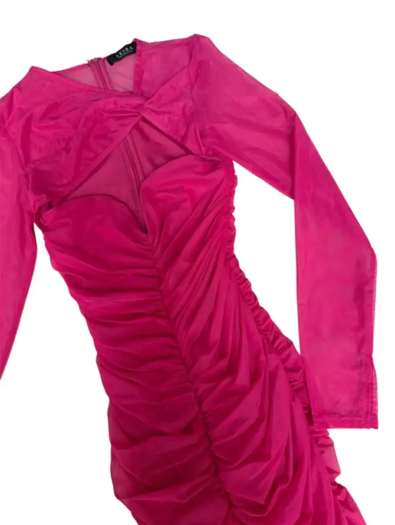 Vestido midi fucsia con mangas largas y fruncidos - 4