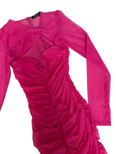 Vestido midi fucsia con mangas largas y fruncidos - miniatura 4