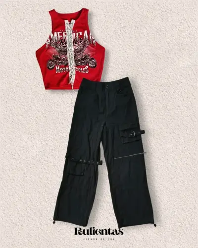 Conjunto Top Rojo y Pantalón Negro Estilo Urb (S) - miniatura 1