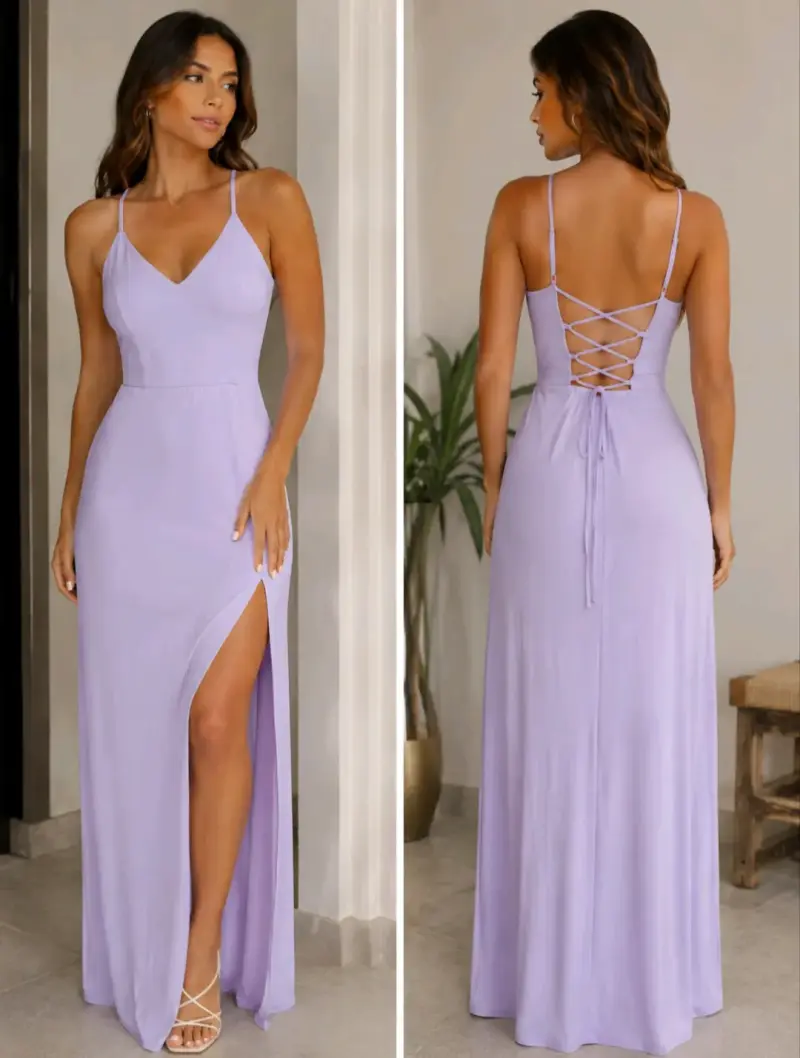 Vestido largo lila con tirantes y abertura - 1