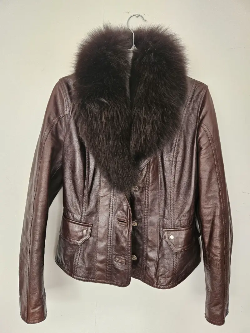 Chaqueta cuero marrón cuello piel desmontable - 4