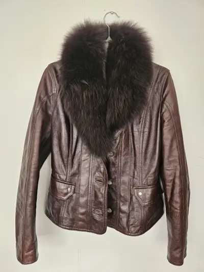 Chaqueta cuero marrón cuello piel desmontable - miniatura 4