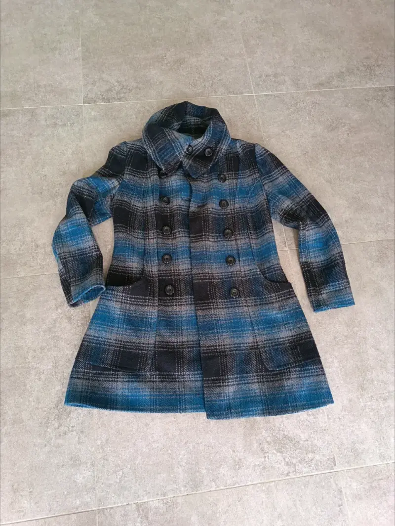 Abrigo de lana a cuadros azul y gris para mujer - 1