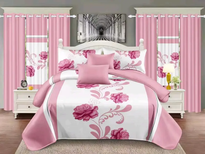 Juego de Cama Floral con Cortinas Rosadas - 1