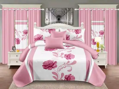 Juego de Cama Floral con Cortinas Rosadas - miniatura 1