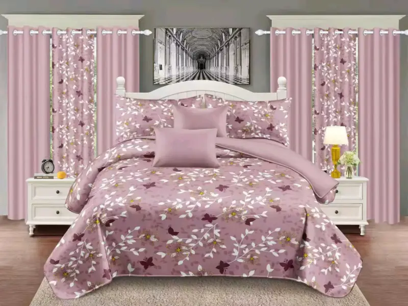 Juego de Cama Floral con Cortinas Rosadas - 3